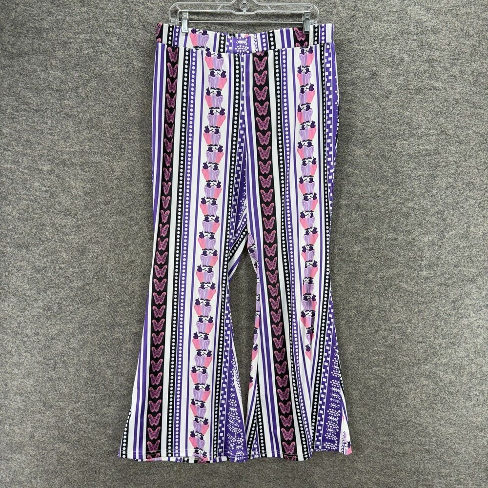 Grawell Pants Women 2XL Blue Striped Mid Rise Flat Front Flared Pull On Casual